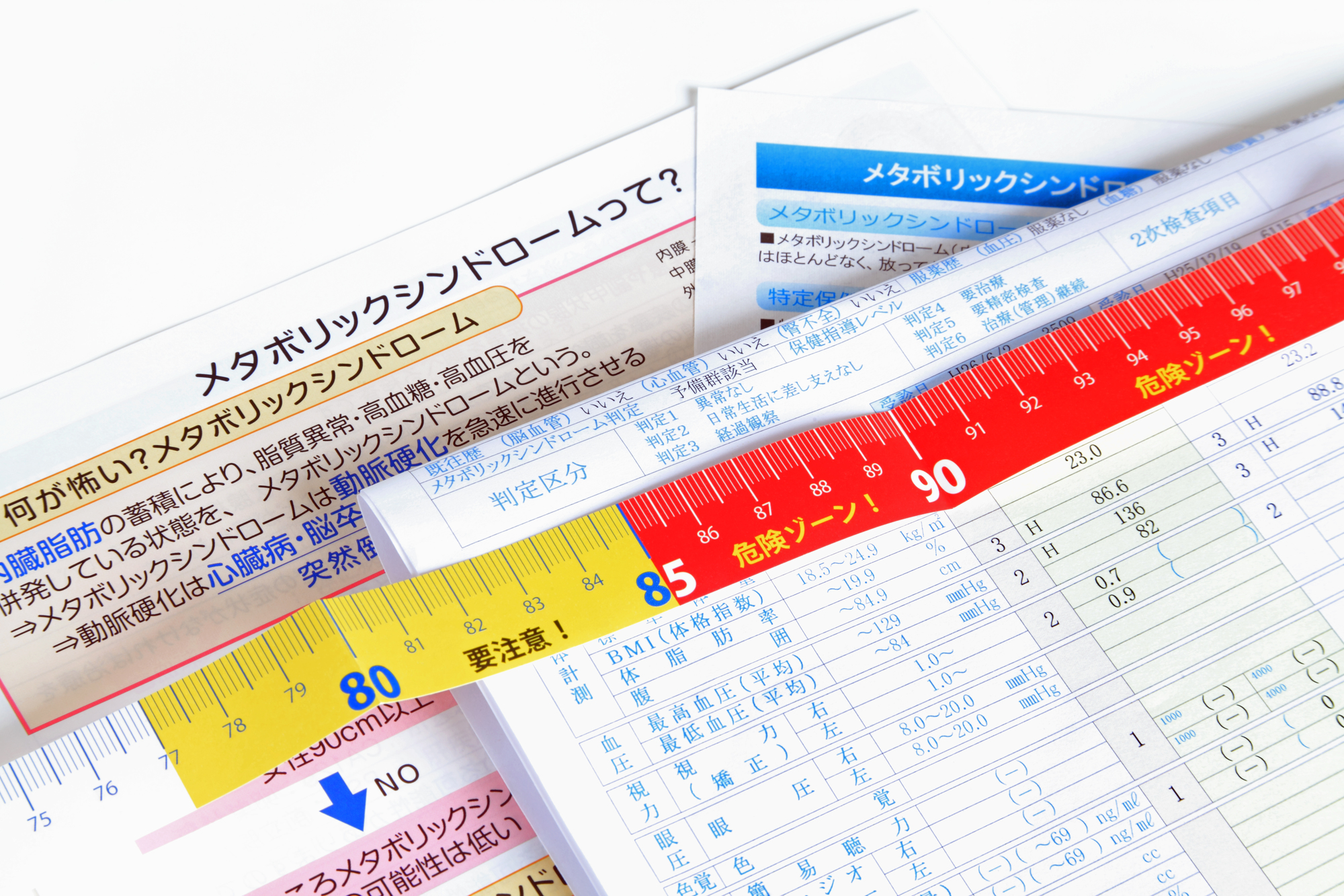 病気リスクが高まる内臓脂肪の量は100 cm2以上だが、おへその高さのお腹周り（腹囲）を測ることでおおよそ知ることができる。メタボ診断のイメージ写真