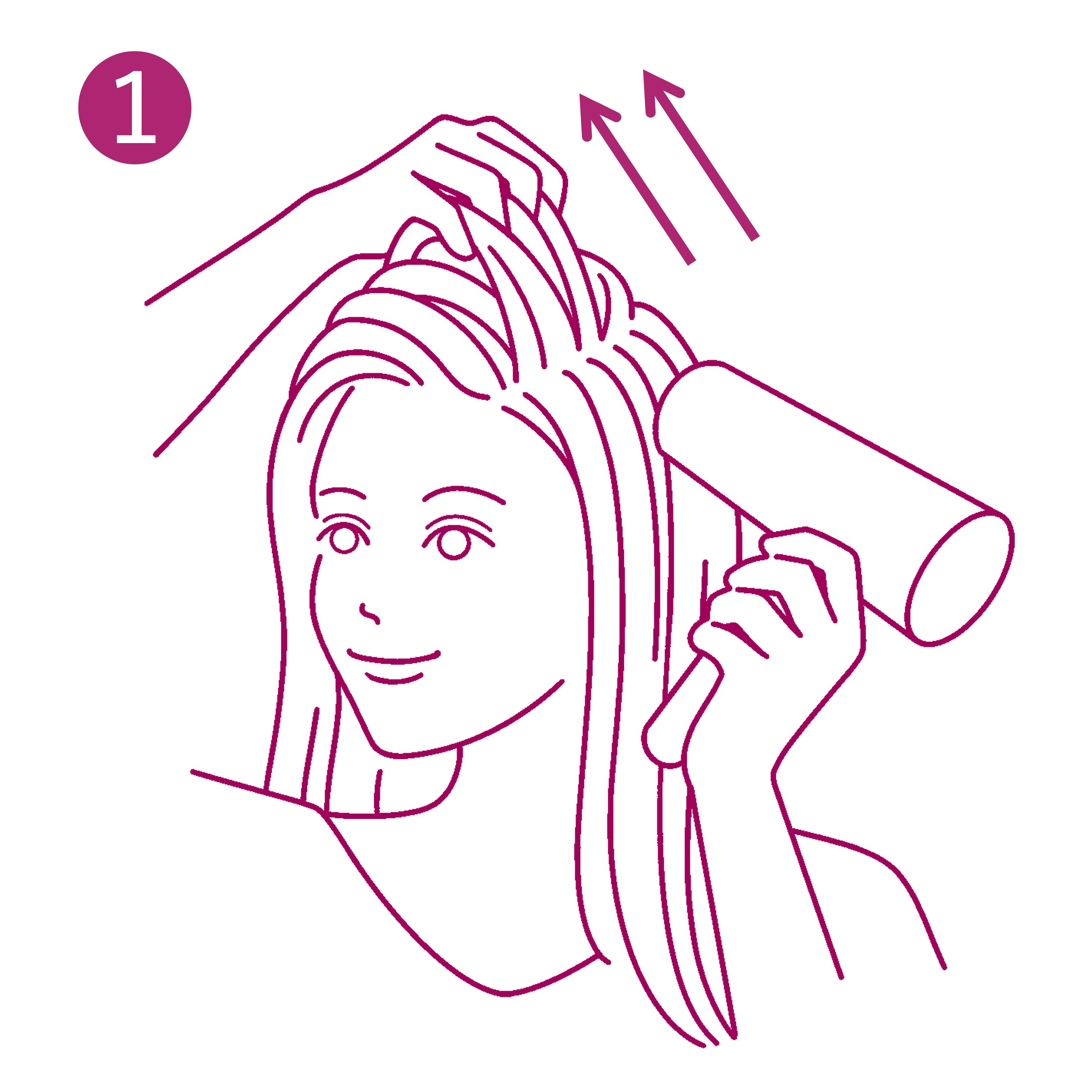 分け目を目立たせずに髪のボリュームを出す髪の乾かし方：毛の流れと逆方向に髪を手ぐしで引き上げ、ドライヤーを下から上に向かって当て、根元から乾かす。