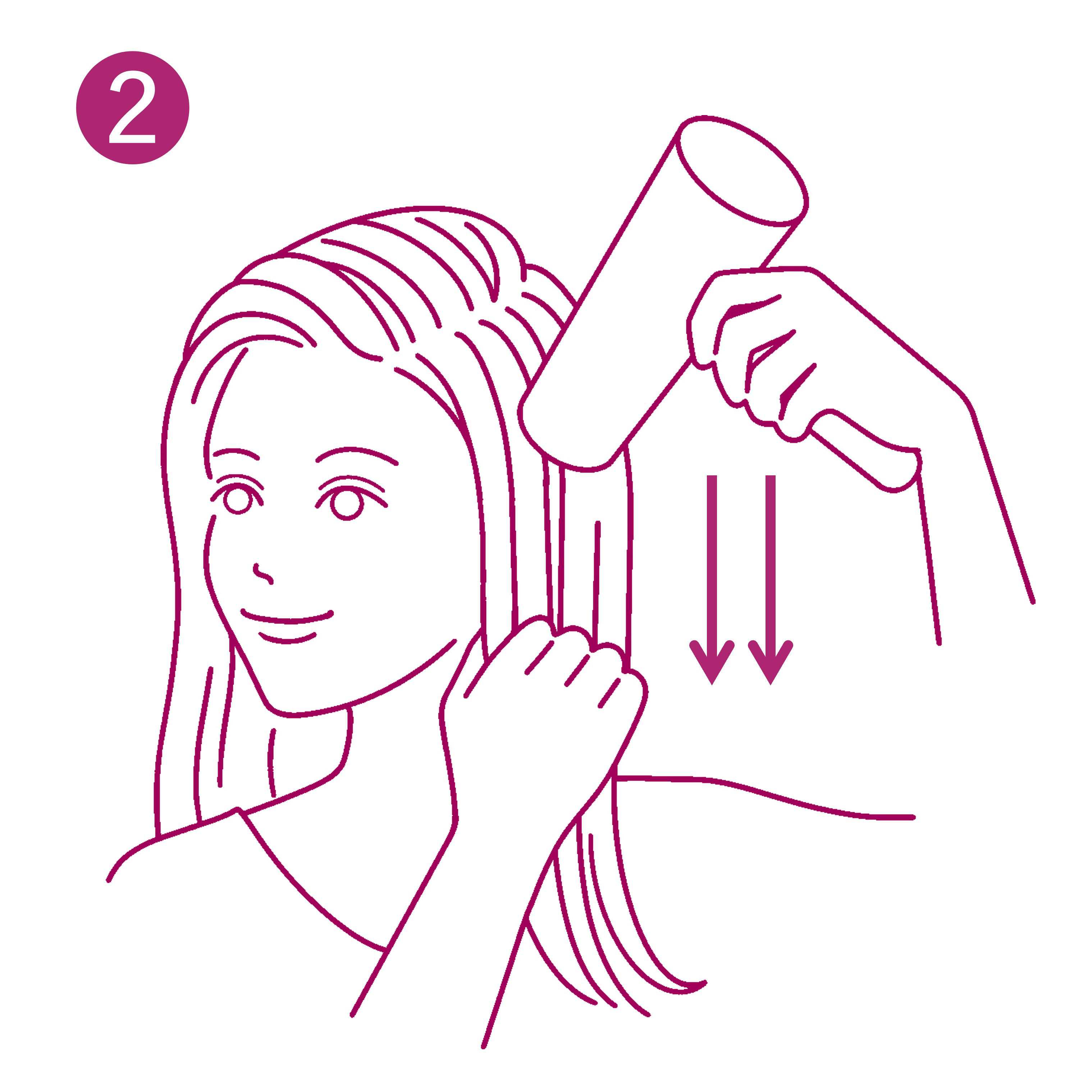 分け目を目立たせずに髪のボリュームを出す髪の乾かし方：こめかみから下の髪を軽く引っ張りながら、ドライヤーを上から下に向かって当てて乾かす。
