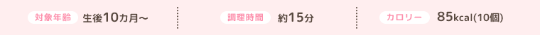対象年齢 生後10ヵ月、調理時間 約15分、カロリー 85kcal（10個）