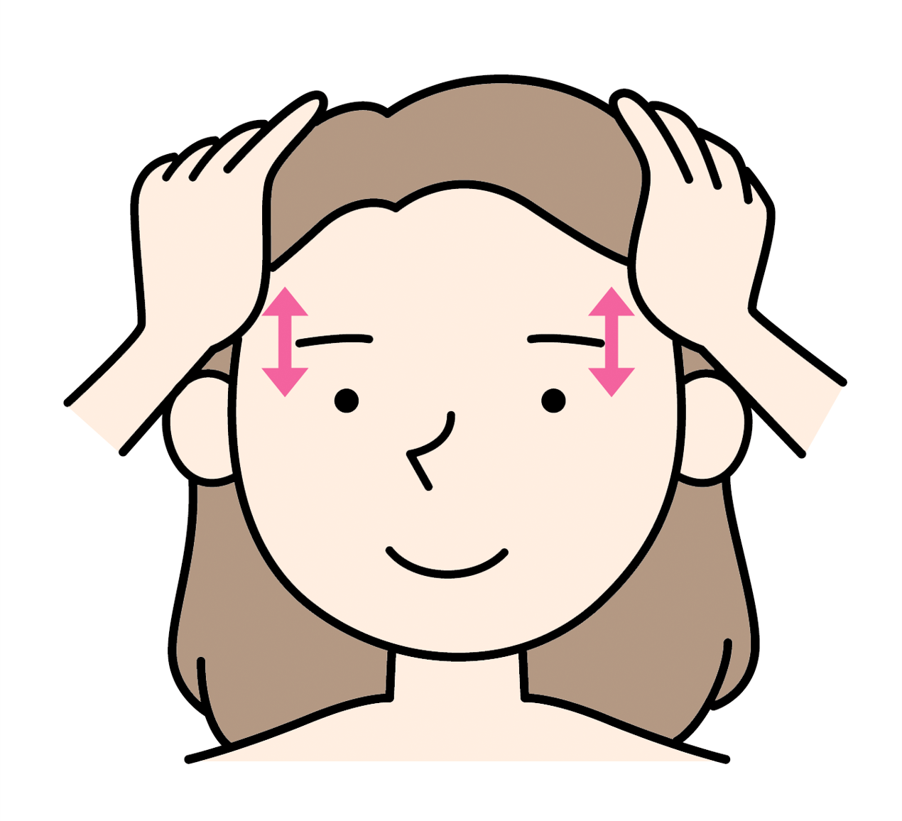 両方のこめかみから側頭部にかけて手のひら全体で押さえながら、頭皮を前後に優しく動かしているイメージイラスト