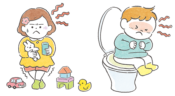 脚をクロスさせて何かガマンしている、トイレで頑張っている様子の子どものイラスト