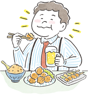 肉や脂肪の多い食品を食べている人のイラスト