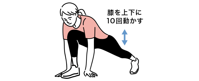 1.片脚を大きく前に出し、膝を曲げて腰を落とします。肘をできるだけ地面に近づけ後ろ脚の膝を上下にゆっくり、ぐっぐっと押すように10回動かします。