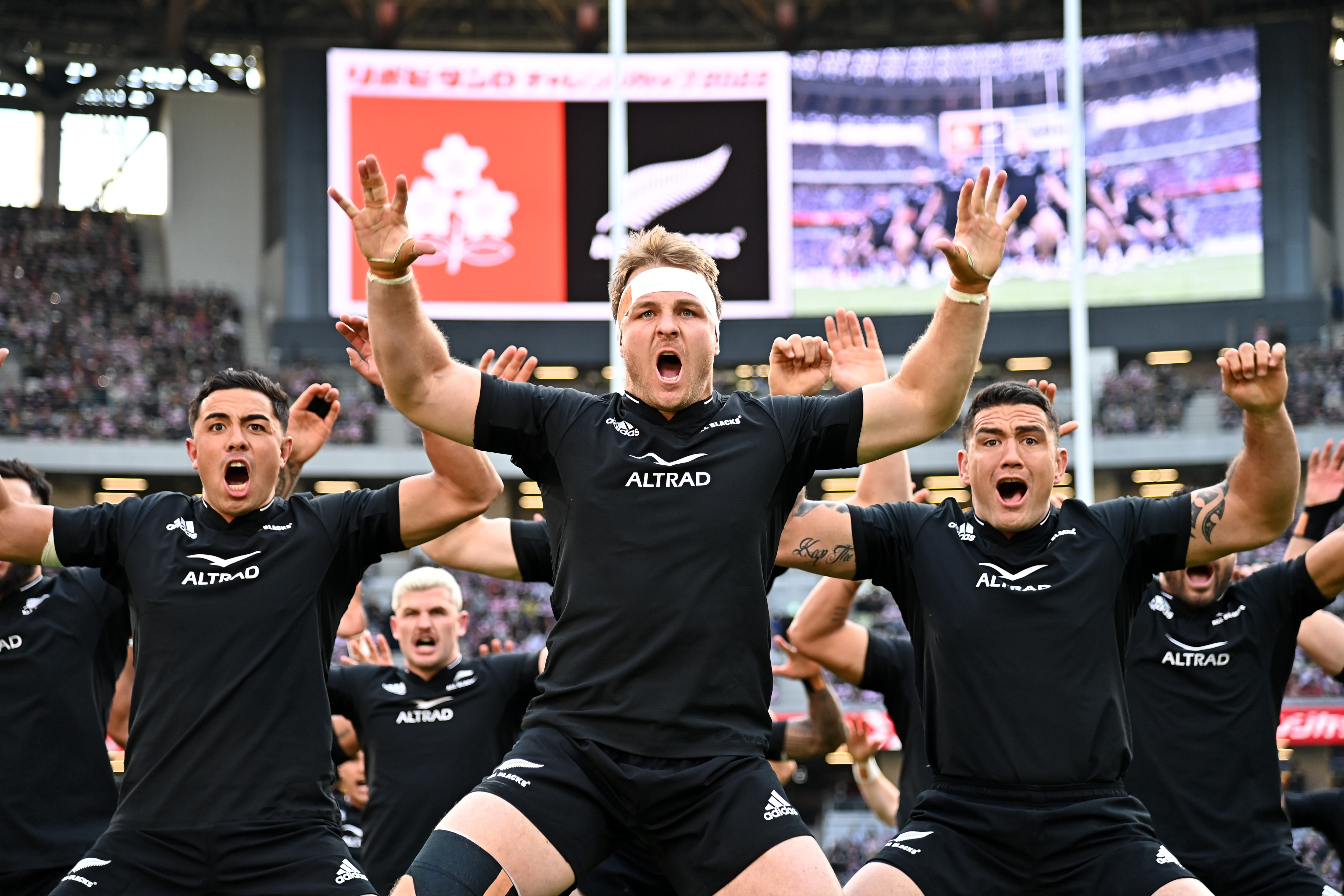 TOKYO, JAPAN - OCTOBER 29: Sam Cane of New Zealand leads the Haka prior to the international test match between Japan and New Zealand All Blacks at National Stadium on October 29, 2022 in Tokyo, Japan. (Photo by Kenta Harada/Getty Images)