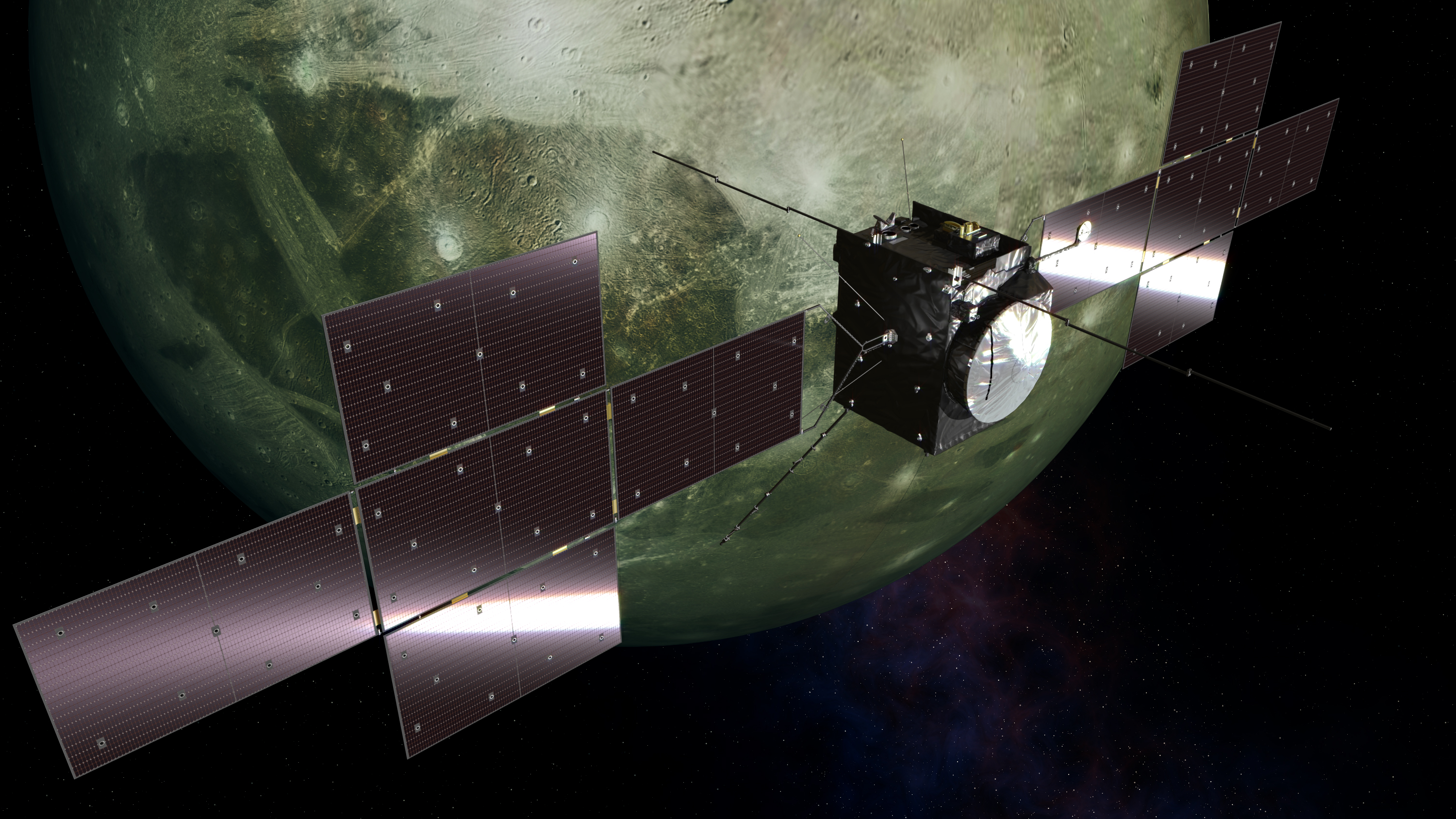 木星の周りを回るガリレオ衛星の1つガニメデを周回するJUICE（想像図）[提供：JAXA]