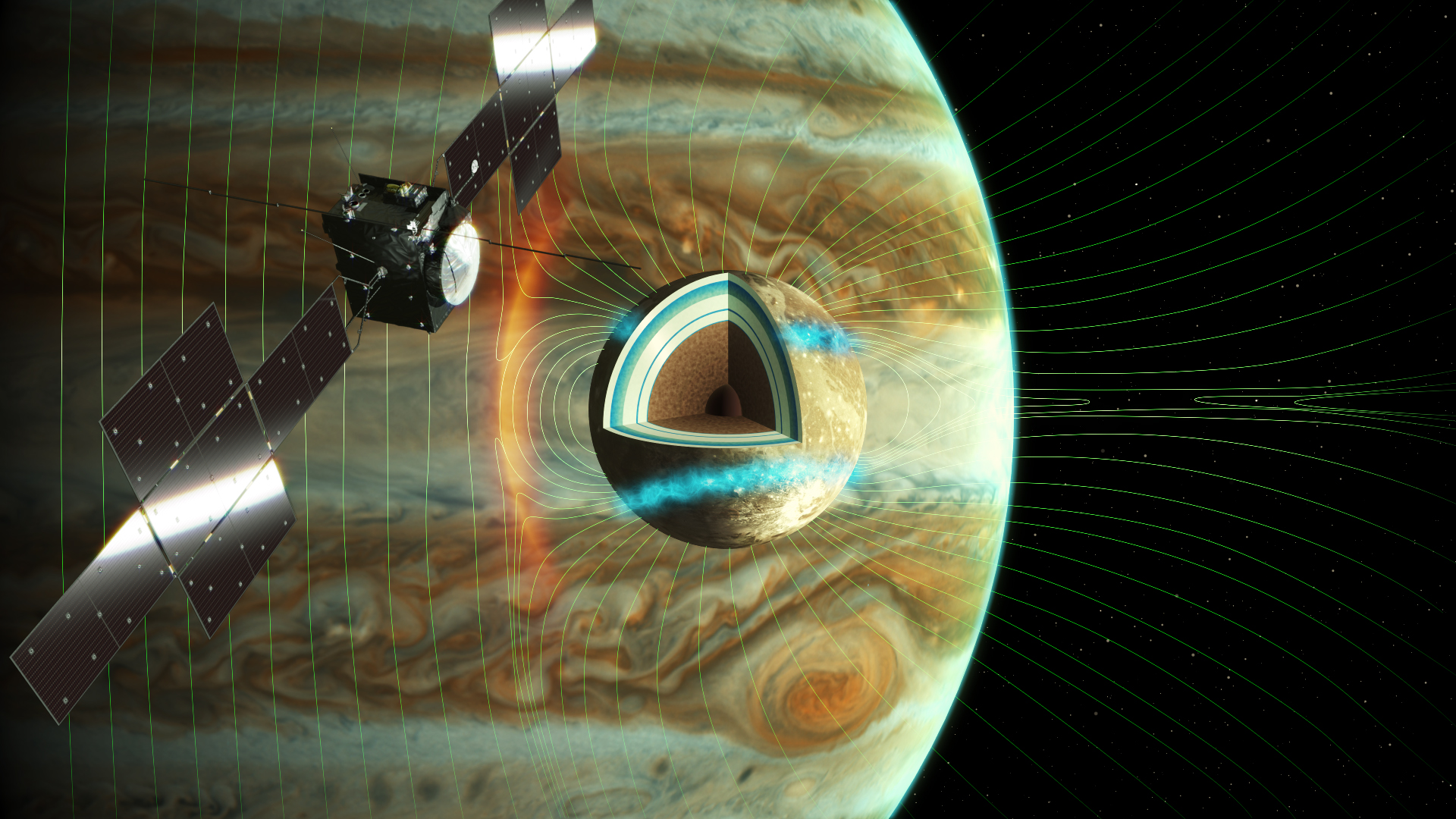 木星磁気圏プラズマが吹き付けるガニメデ磁気圏を訪れるJUICE（想像図）[提供：JAXA]