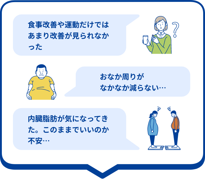 「食事改善や運動だけではあまり改善が見られなかった」、「おなか周りがなかなか減らない･･･」、「内臓脂肪が気になってきた、このままでいいのか不安･･･」