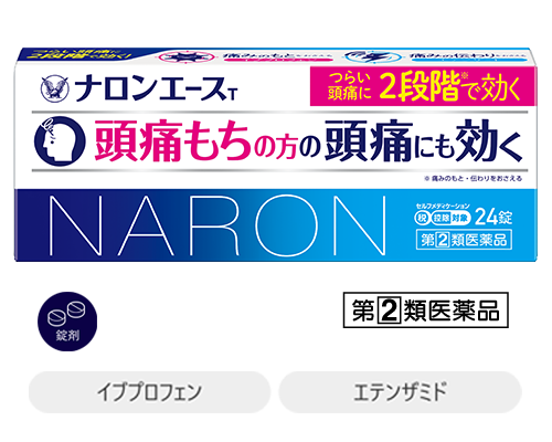 ナロンエースT製品画像、剤型：錠剤、有効成分：イブプロフェン・エテンザミド、指定第２類医薬品、ナロンエースTページへリンク