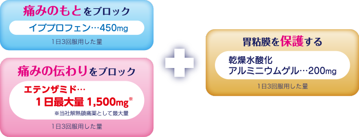 イブプロフェンと エテンザミドが痛みのもとと伝わりをおさえる。 ダブルブロック処方により優れた鎮痛効果を発揮します。