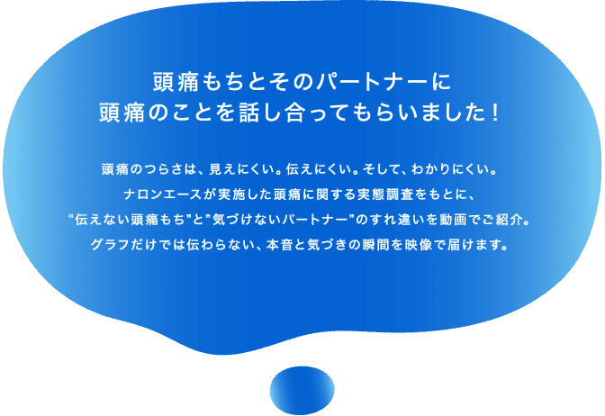 頭痛もちとそのパートナーに頭痛のことを話し合ってもらいました！頭痛のつらさは、見えにくい。伝えにくい。そして、わかりにくい。ナロンエースが実施した頭痛に関する実態調査をもとに、"伝えない頭痛もち”と”気づけないパートナー”のすれ違いを動画でご紹介。グラフだけでは伝わらない、本音と気づきの瞬間を映像で届けます。