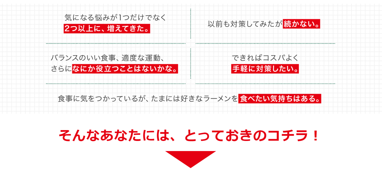 中性脂肪・血圧・ 血糖値・おなかの調子のこんなお悩みありませんか？