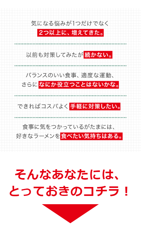 中性脂肪・血圧・ 血糖値・おなかの調子のこんなお悩みありませんか？