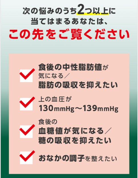 次の悩みのうち2つ以上に当てはまるあなたは、この先をご覧ください　食後の中性脂肪値が気になる／脂肪の吸収を抑えたい／食後の血糖値が気になる糖の吸収を抑えたい／上の血圧が130mmHg～139ｍｍHg／おなかの調子を整えたい