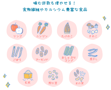 噛む回数をも増やせる食物繊維やカルシウムが豊富な食品のイラスト