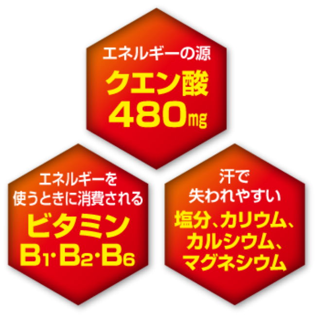 リポビタンアイススラリーには、エネルギーの源であるクエン酸を480mg配合。エネルギーを使うときに消費されるビタミンB1・B2・B6、汗で失われやすい塩分・カリウム・カルシウム・マグネシウムも摂取できる。