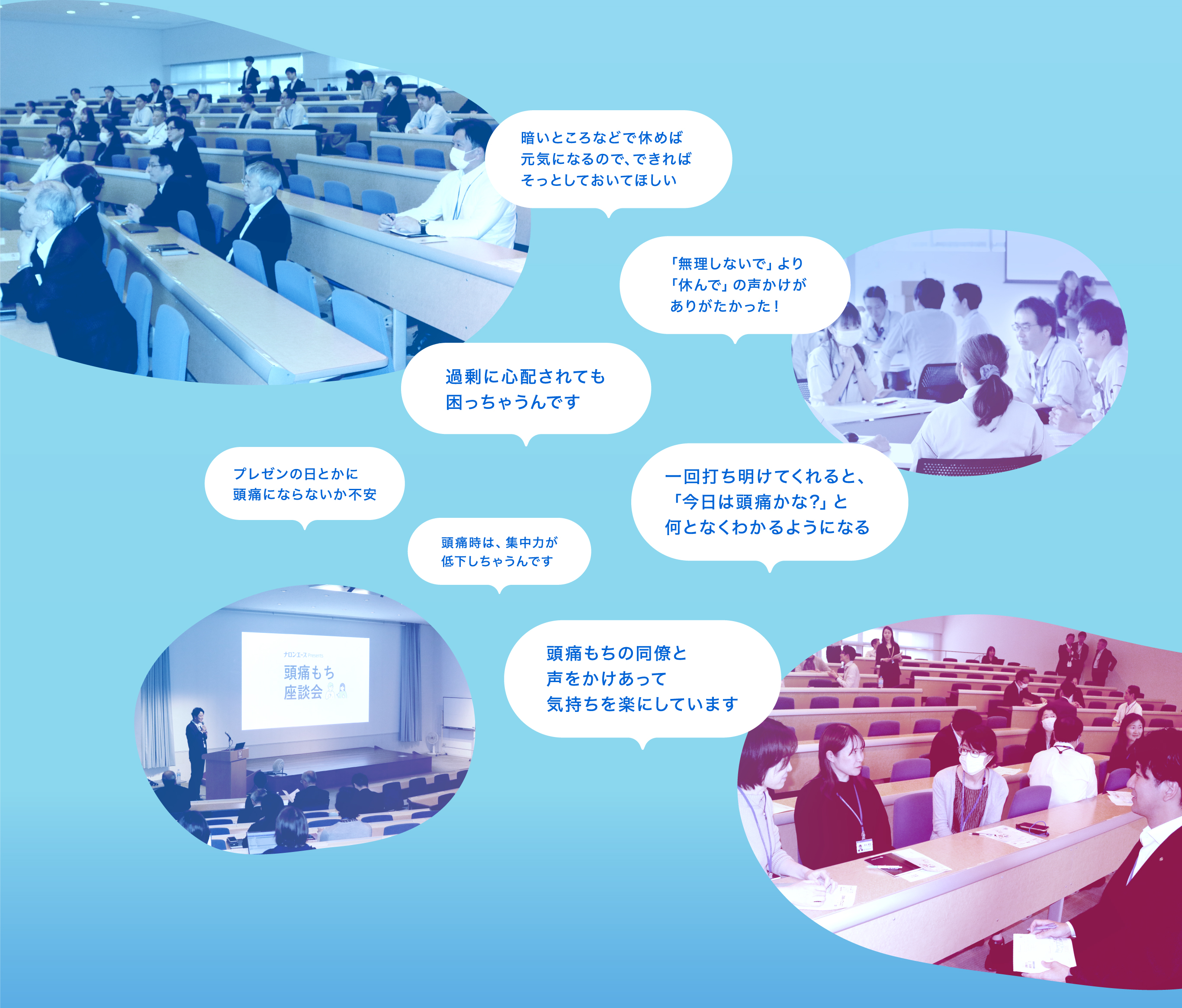 座談会の様子の写真と参加者から出た声のご紹介。「暗いところなどで休めば元気になるので、できればそっとしておいてほしい」、「「無理しないで」より「休んで」の声かけがありがたかった！」「過剰に心配されても困っちゃうんです」、「プレゼンの日とかに頭痛にならないか不安」、「一回打ち明けてくれると、「今日は頭痛かな?」と何となくわかるようになる」、「頭痛時は、集中力が低下しちゃうんです」、「頭痛もちの同僚と声をかけあって気持ちを楽にしています」