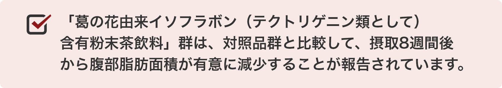 「葛の花由来イソフラボン（テクトリゲニン類として）含有粉末茶飲料」群は、対照品群と比較して、摂取8週間後から腹部脂肪面積が有意に減少することが報告されています。