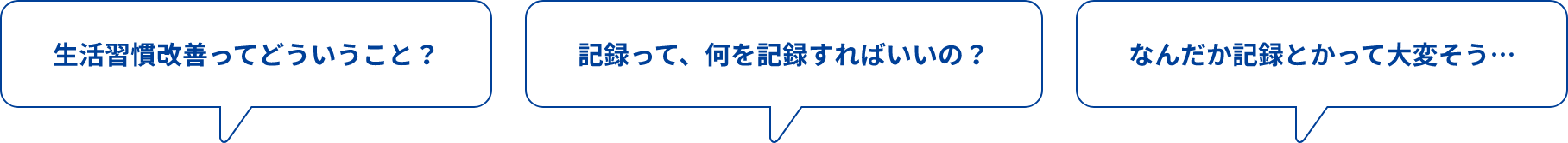 生活習慣改善ってどういうこと？記録って何を記録すればいいの？なんだか記録とかって大変そうと書かれている吹き出し