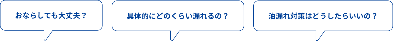 おならしても大丈夫？具体的にどのくらい漏れるの？油漏れ対策はどうしたらいいの？と書かれている吹き出し