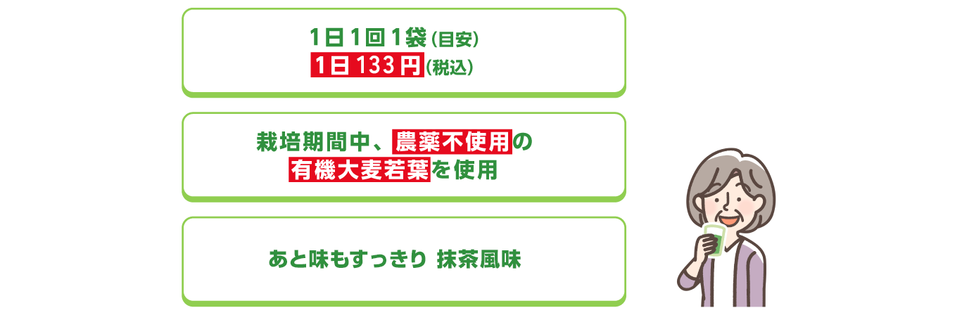 1日1回1袋（目安）、1日133円（税込）、栽培期間中農薬不使用の有機大麦若葉を使用、ざらつき少なくほんのり甘く飲みやすい風味