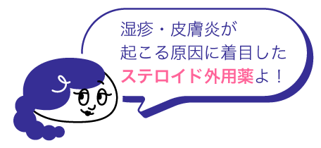 湿疹・皮膚炎が起こる原因に着目したステロイド外用薬よ！と吹き出しに書かれているクリニラボのイメージキャラクター 姉妹の姉の画像