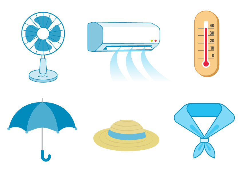 暑さを避けるための扇風機、エアコン、温度計、日傘、防止、冷たいタオルのイラスト