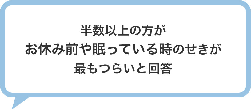 半数以上の方がお休み前や眠っている時のせきが最もつらいと回答しているということが書かれている吹き出し