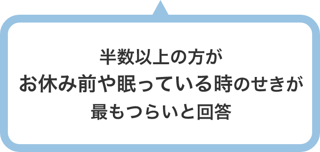 半数以上の方がお休み前や眠っている時のせきが最もつらいと回答しているということが書かれている吹き出し