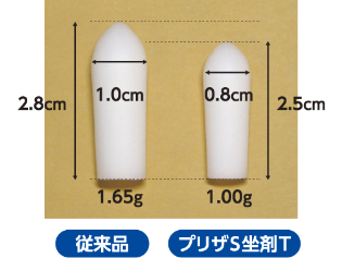 プリザ S 坐剤Ｔはこれまでに比べて坐剤を小型化。すっと挿入しやすい。