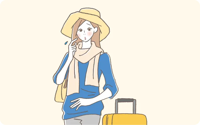 旅先でのおなかが 気になっている女性のイラスト