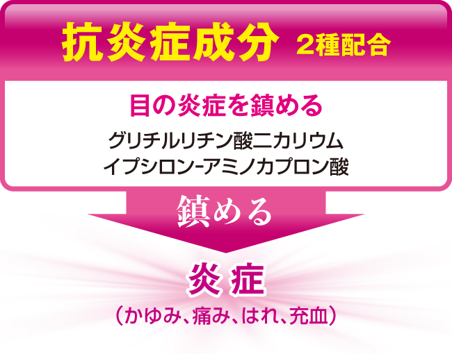 抗炎症成分2成分配合。目の炎症を鎮めるグリチルリチン酸二カリウム、イプシロン-アミノカプロン酸が、炎症（かゆみ、痛み、はれ、充血）を鎮める