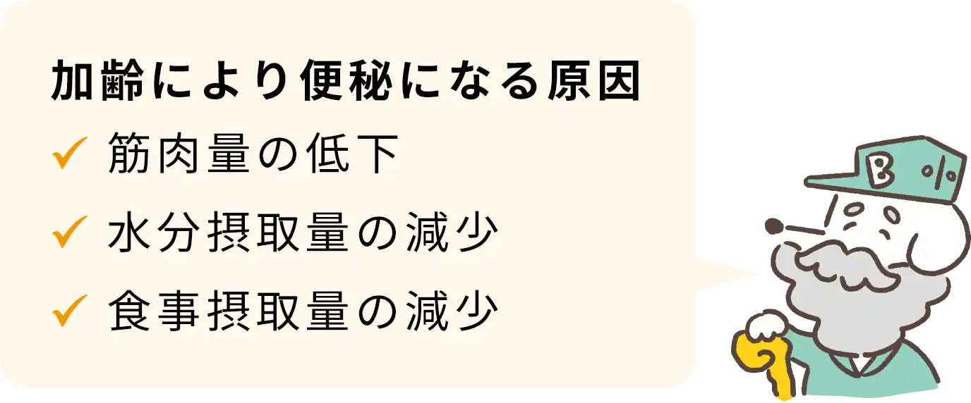 加齢により便秘になる原因、筋肉量の低下、水分摂取量の減少、食事摂取量の減少