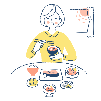 朝食をしっかり摂って便秘改善した女性のイラスト