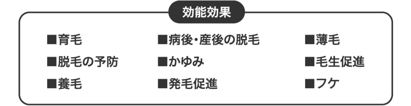 フレッシュリアップホグスパの効能・効果は、育毛、病後・産後の脱毛、薄毛、脱毛の予防、かゆみ、毛生促進、養毛、発毛促進、フケを防ぐ。