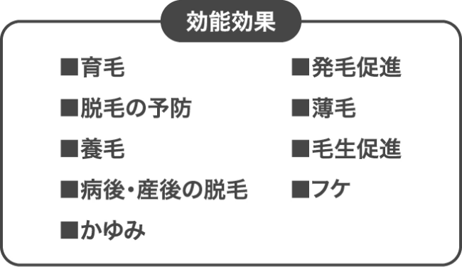 フレッシュリアップホグスパの効能・効果は、育毛、病後・産後の脱毛、薄毛、脱毛の予防、かゆみ、毛生促進、養毛、発毛促進、フケを防ぐ。