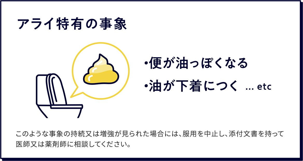 アライ特有の事象、便が油っぽくなる、おならをすると便が漏れる、気づかない間に油が漏れるなど。このような事象が持続又は増強が見られた場合には、服用を中止し、添付文書を持って医師又は薬剤師に相談してください。