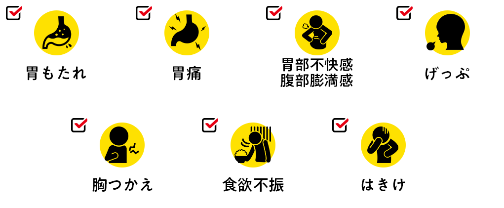 胃もたれ、胃痛、胃部不快感・腹部膨満感、げっぷ、胸つかえ、食欲不振、はきけ