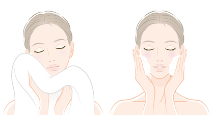 乾燥肌対策には、こすらずにやさしく洗顔し、よくすすいだ後、タオルを押し当てるようにしてやさしく水分を取り除くことが大切。