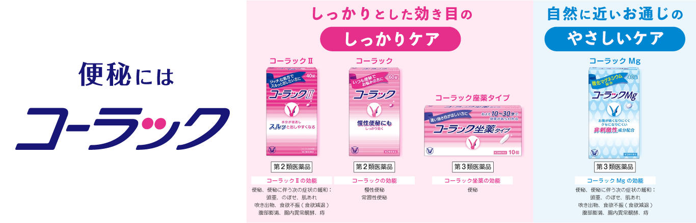 便秘にはコーラック。コーラック製品ラインアップに遷移するキービジュアル