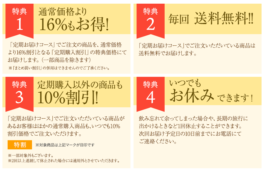 定期お届けコースだけの3大特典 ①2回目以降もずっと16％OFF ②毎回送料無料 ③他の商品もいつでも10％OFF