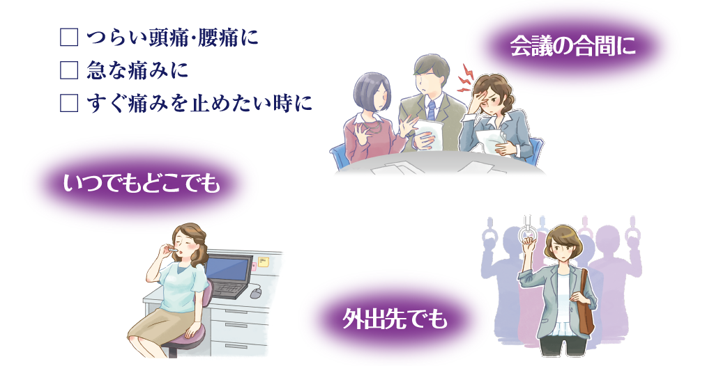 つらい頭痛・腰痛に、急な痛みに、すぐ痛みを止めたい時に　いつでもどこでも、会議の合間に、外出先でも