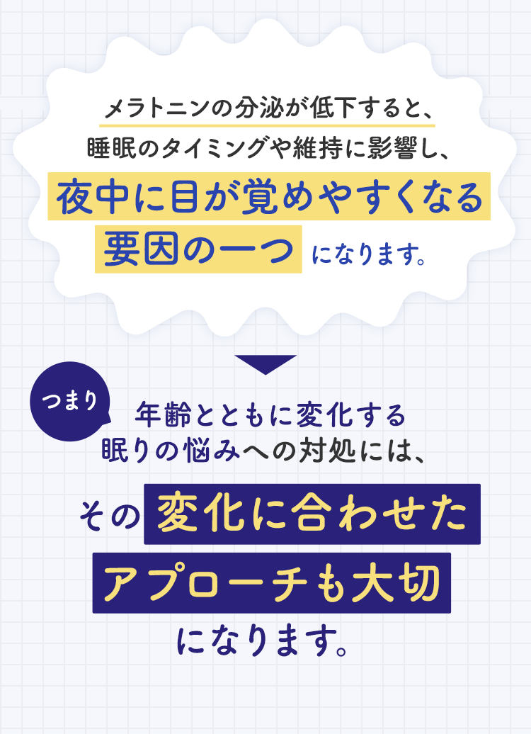メラトニンの分泌が低下すると、睡眠のタイミングや維持に影響し、夜中に目が覚めやすくなる要因の一つになります。