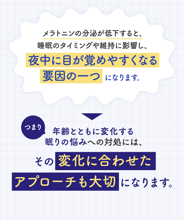 メラトニンの分泌が低下すると、睡眠のタイミングや維持に影響し、夜中に目が覚めやすくなる要因の一つになります。