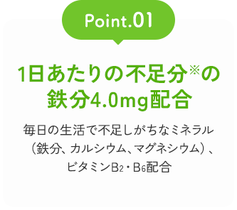 Point01 1日あたりの不足分※の鉄分4.0mg配合