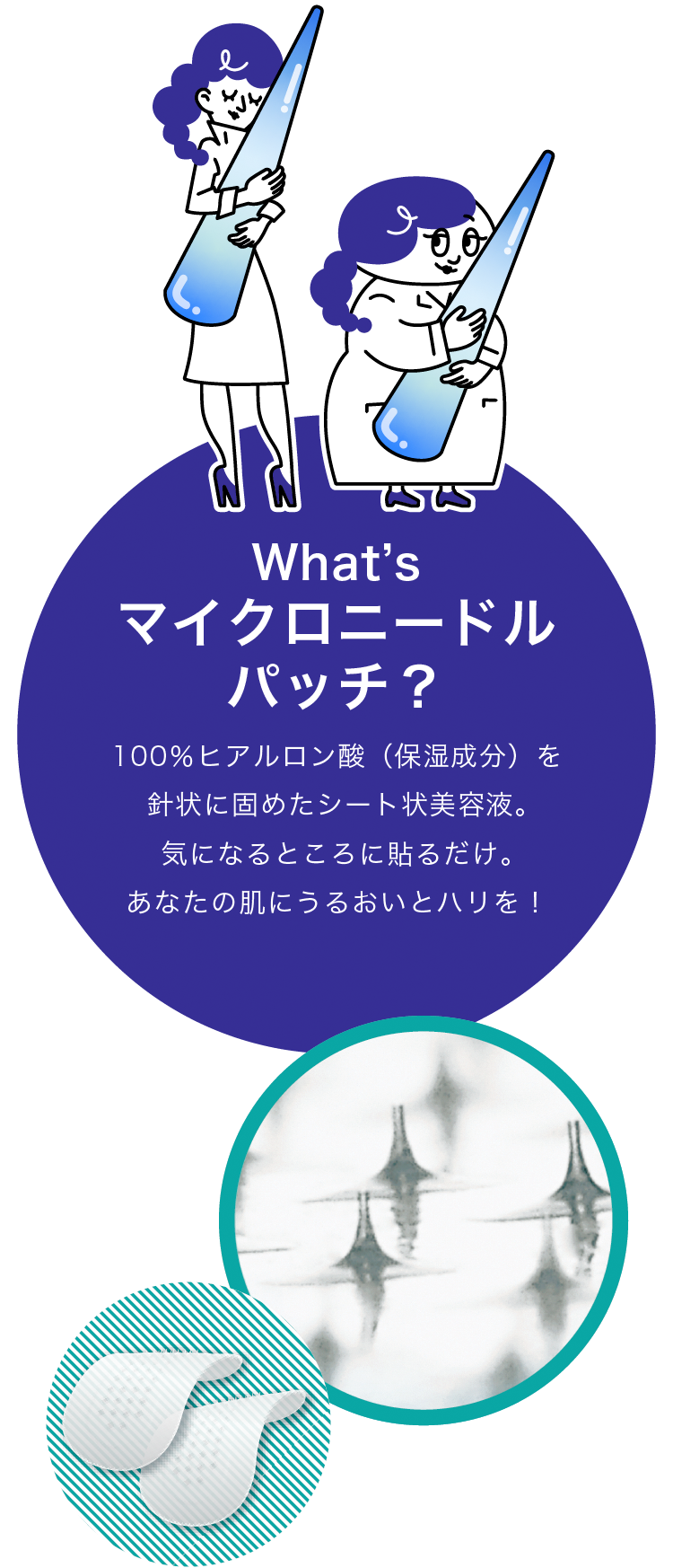 100％ヒアルロン酸(保湿成分)を針状に固めたシート状美容液。気になるところに貼るだけ。あなたの肌にうるおいとハリを！