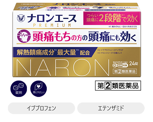 ナロンエースプレミアム製品画像、剤型：錠剤、特長：胃に優しい、指定第2類医薬品、有効成分：イブプロフェン・エテンザミド