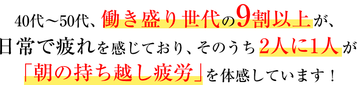 40～50代働き盛り世代の9割以上が日常で疲れを感じており、そのうち2人に1人が「朝の持ち越し疲労」を体感しています！
