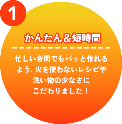 かんたん＆短時間　忙しい合間でもパッと作れる よう、火を使わないレシピや洗い物の少なさにこだわりました！