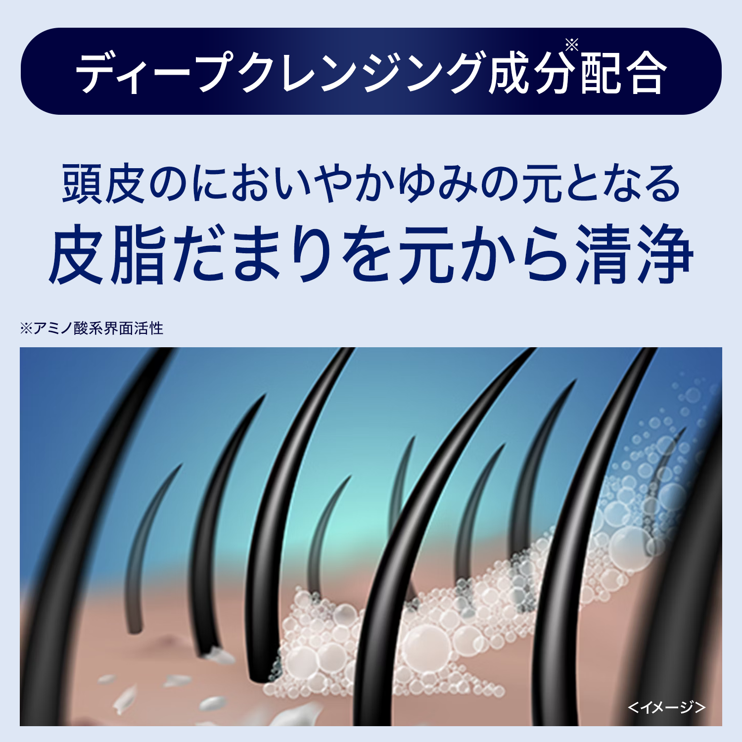 ディープクレンジング成分配合、皮脂のにおいやかゆみの元となる皮脂だまりを元から洗浄するイメージ